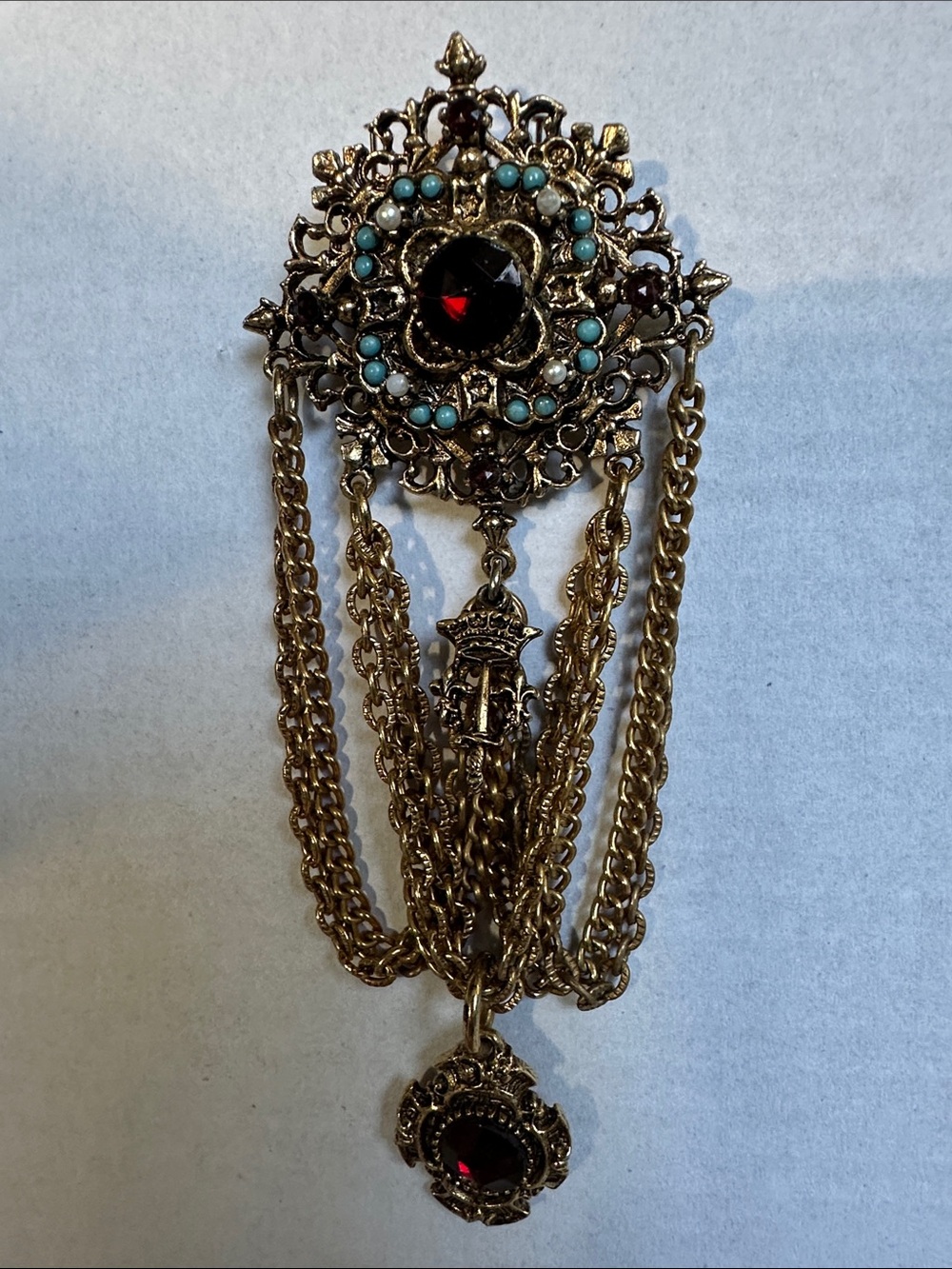 Victorian-Style Gold-Tone Brooch Necklace with Red and Turquoise Accents